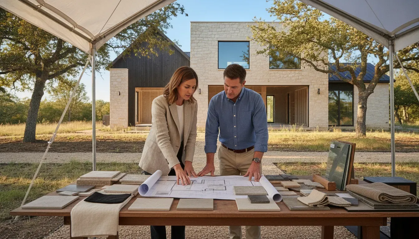 Iowa homeowners reviewing a custom home plan and material selections with a design-build professional