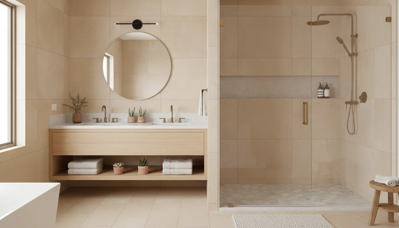 Refined luxury bathroom renovation with natural stone and warm lighting
