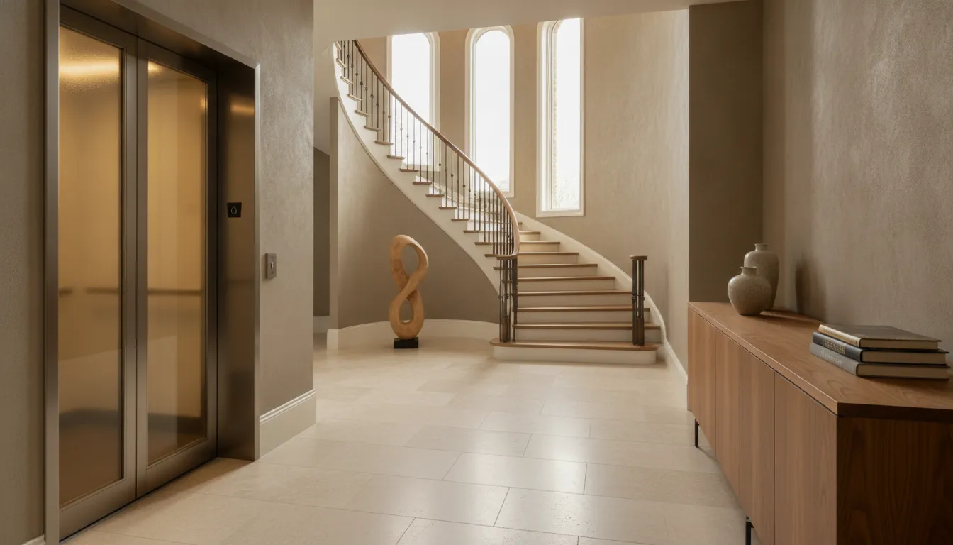 Custom residential elevator integrated into a refined luxury home entry