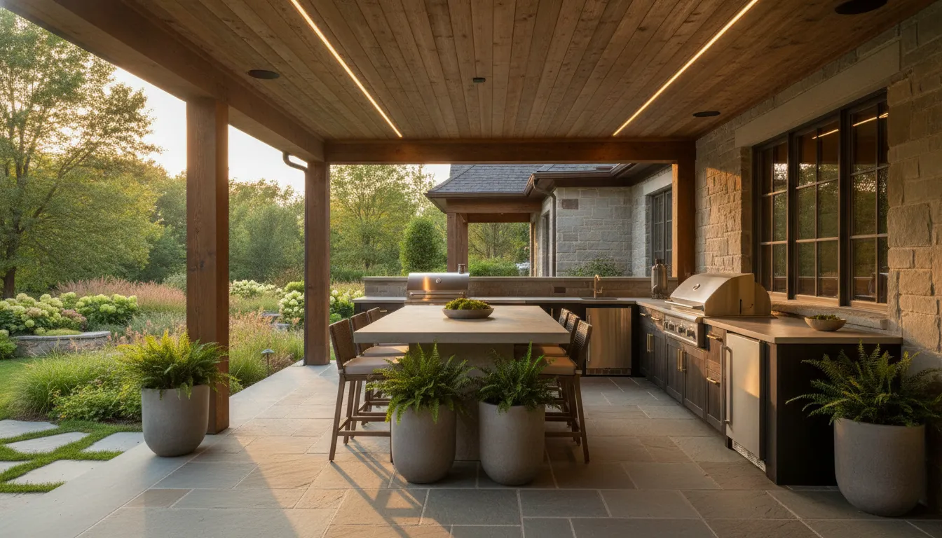 Custom outdoor kitchen integrated with a covered luxury home terrace