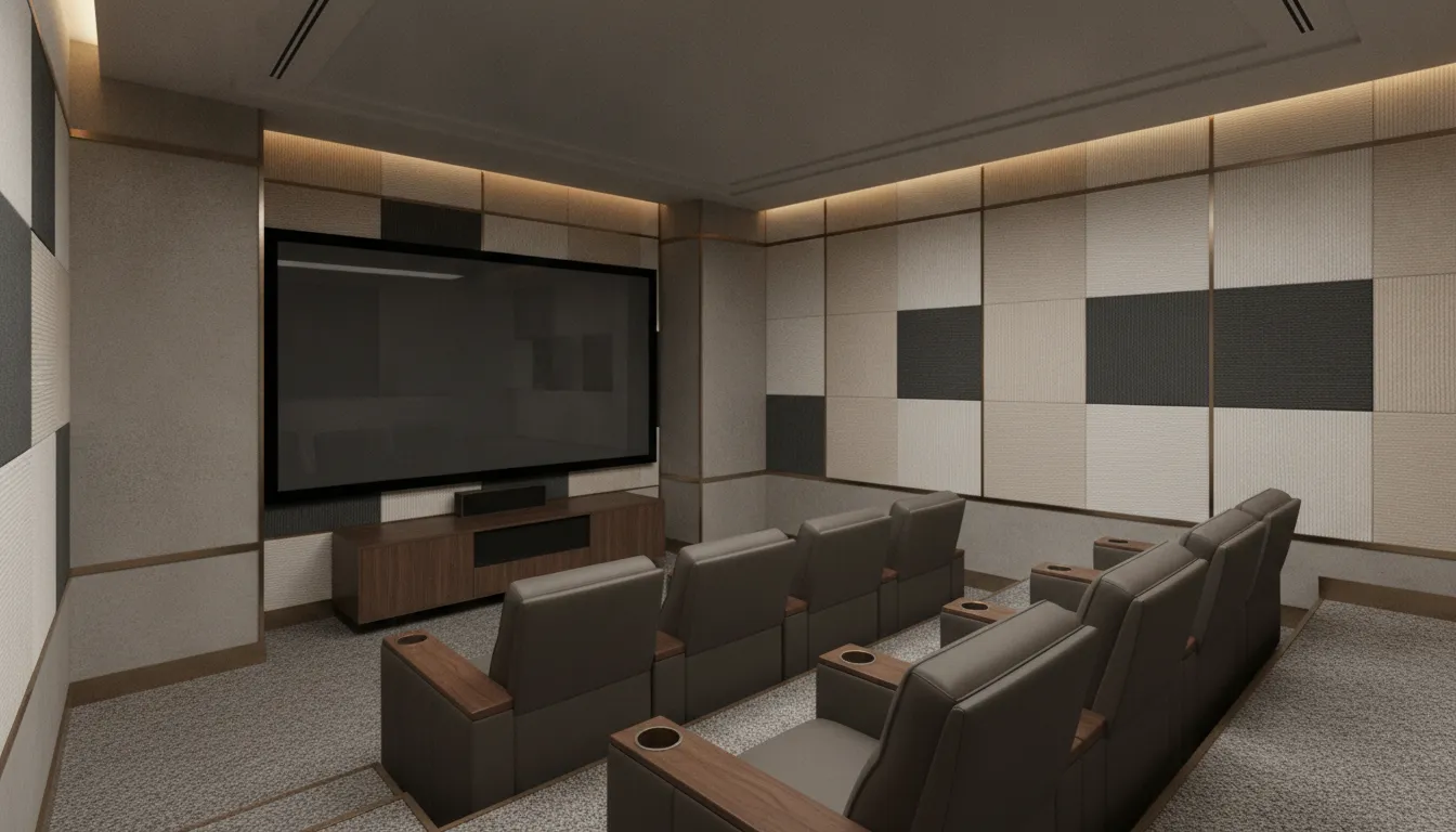 Refined custom home theater with acoustic wall panels and comfortable seating