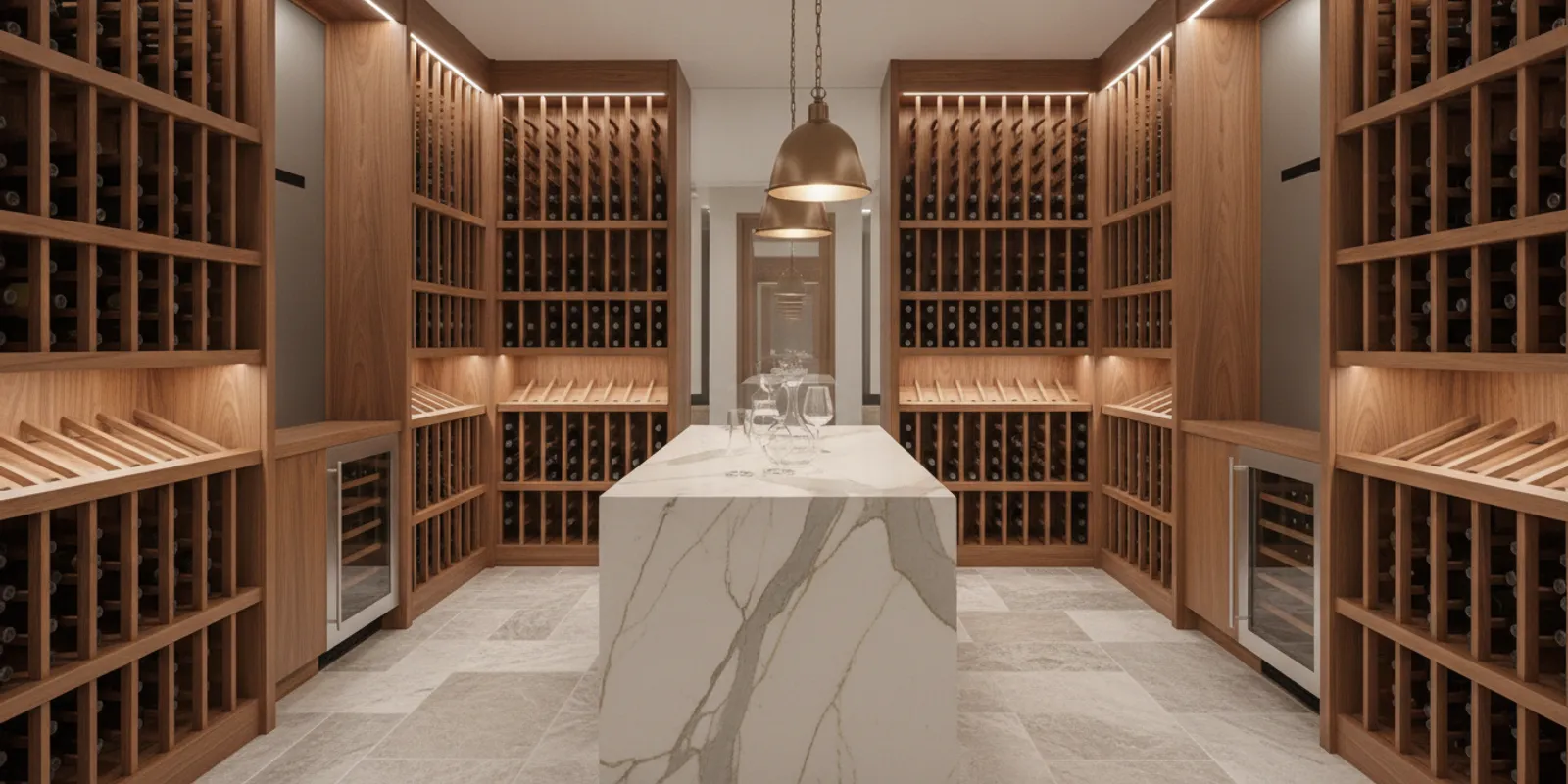 A refined custom wine cellar with warm wood racks, glass doors, and a tasting area