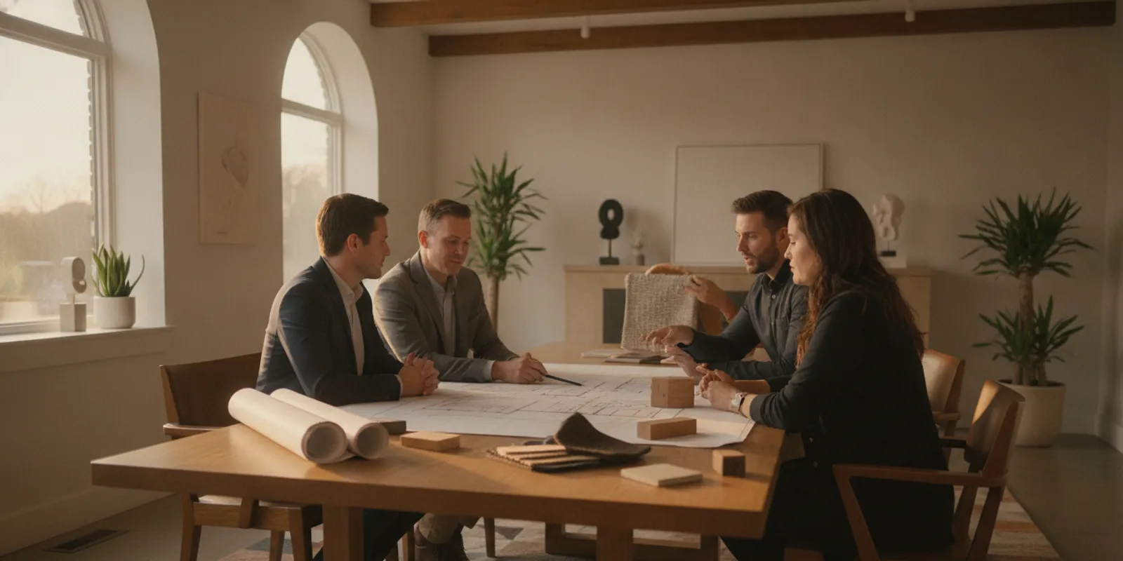 Architect, interior designer, and homeowner reviewing custom home plans at a table