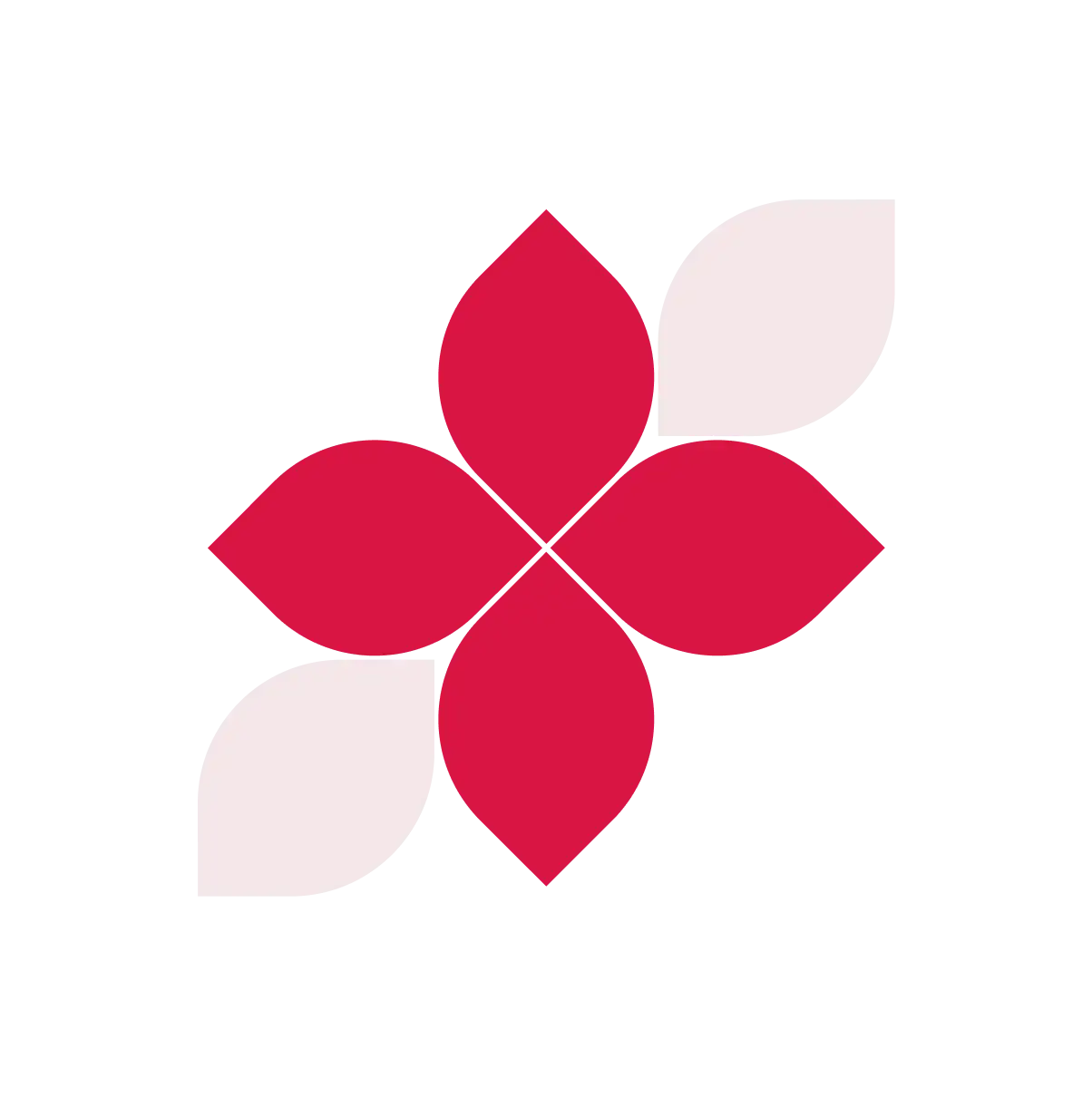 Stylized four-petal flower logo with three bright pink petals and two pale pink leaves on a black background.