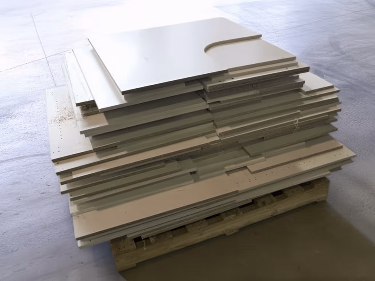 Stack of white painted wooden boards and panels on a wooden pallet on a concrete floor.