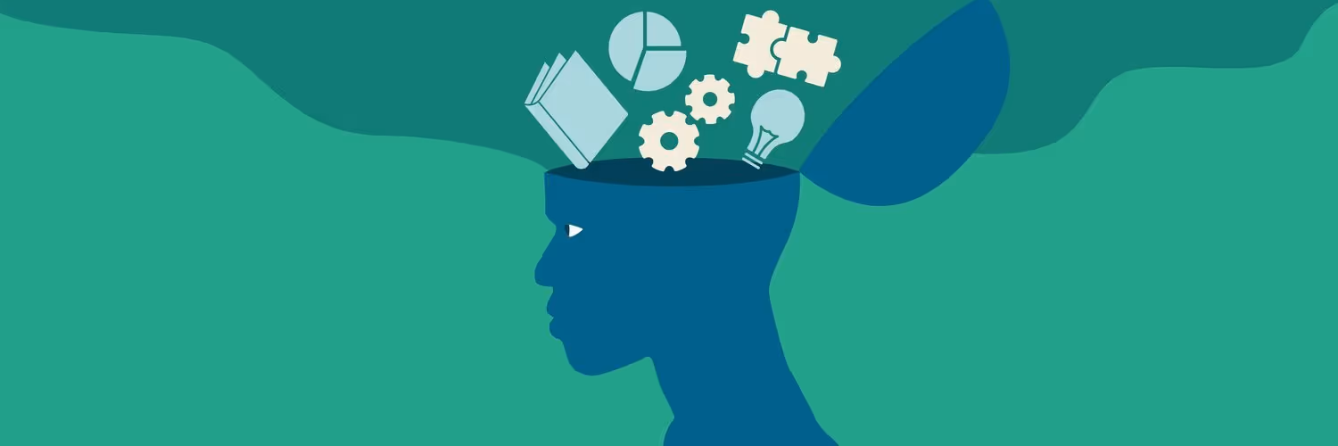 Blue head and neck facing left, open at the top with books, cogs and light bulbs falling into the head to represent constantly updating AI landscape. Set on a green background