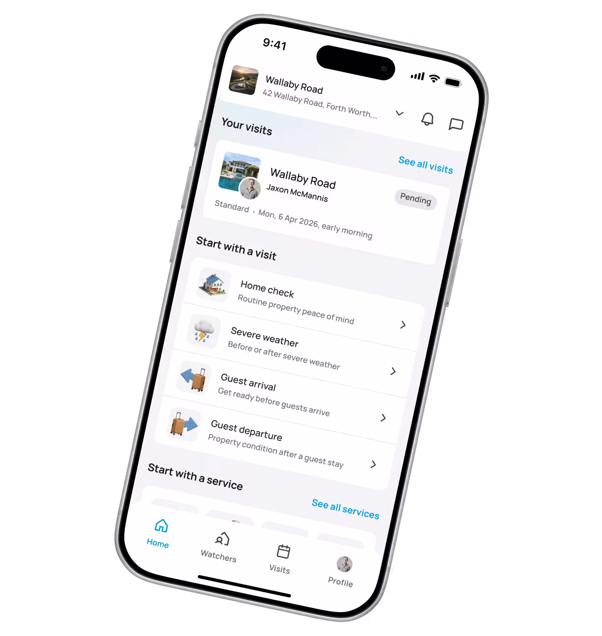 Smartphone screen showing a home service booking app with categories like pest watch and deliveries.