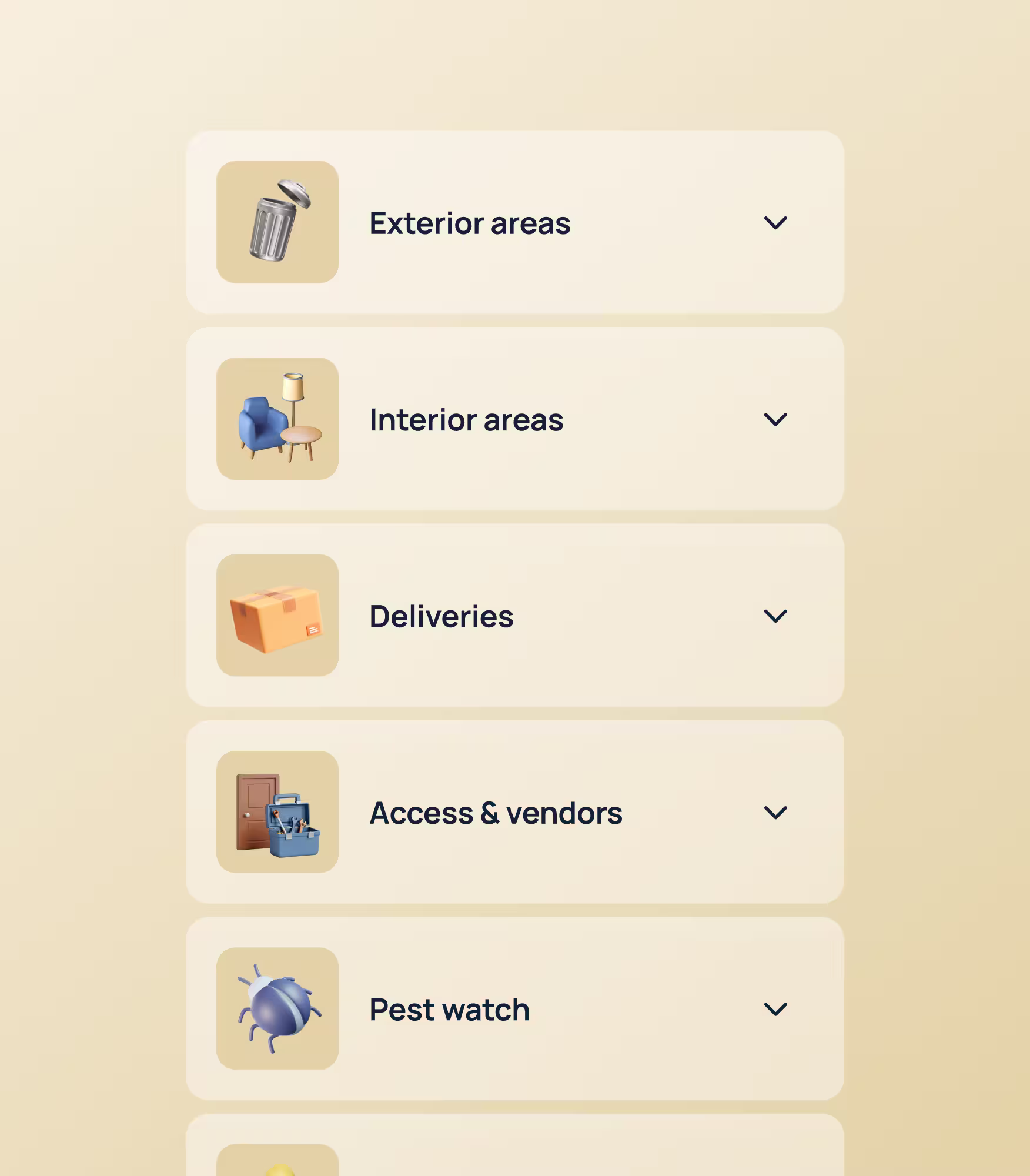 App interface with menu items: General exterior, Photo & video, Concierge services, Pest watch, Deliveries.