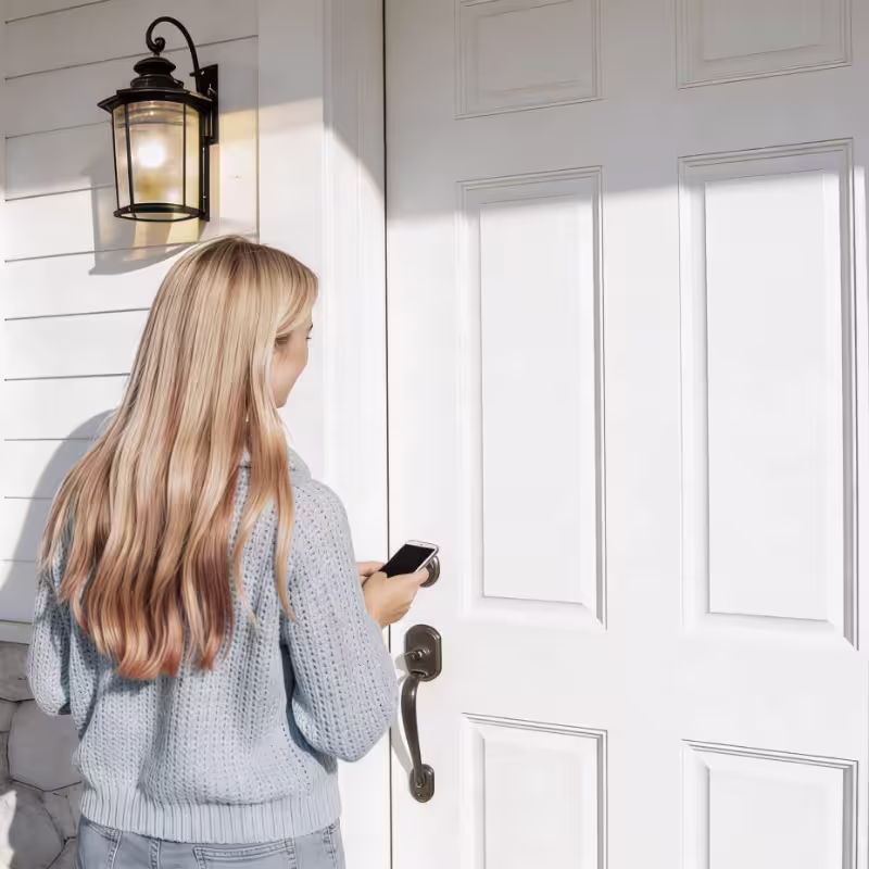 Woman with long blonde hair standing at a white door holding a smartphone and reaching for the doorknob.
