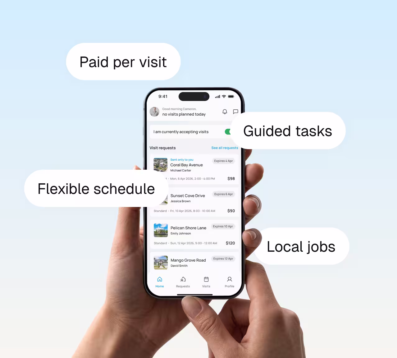 Hands holding phone showing app with local jobs, paid per visit, flexible schedule, and guided tasks.