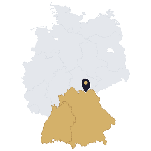 Deutschlandkarte mit hervorgehobenem Einsatzgebiet Süd (Bayern und Baden-Württemberg) und Standortmarkierung Kronach