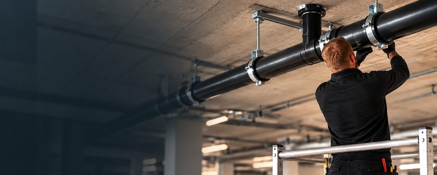Monteur der Engels Rohrsanierung montiert eine neue Abwasserleitung unter der Decke einer Tiefgarage