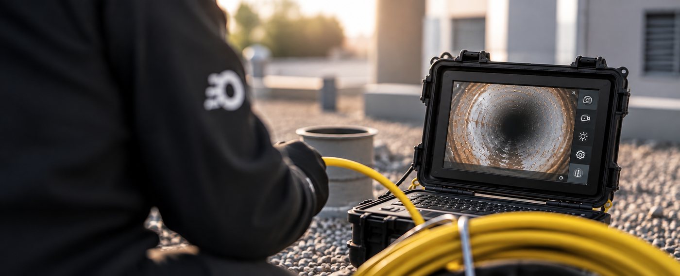 Techniker bei der Kamerabefahrung an einem Revisionsschacht, der Monitor zeigt das Rohrinnere