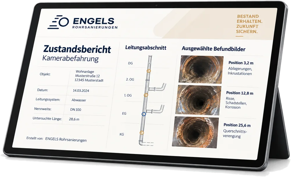 Beispielhafte Darstellung eines Zustandsberichts auf einem Tablet: Objektdaten, Leitungsübersicht mit drei markierten Befunden und ausgewählte Befundbilder