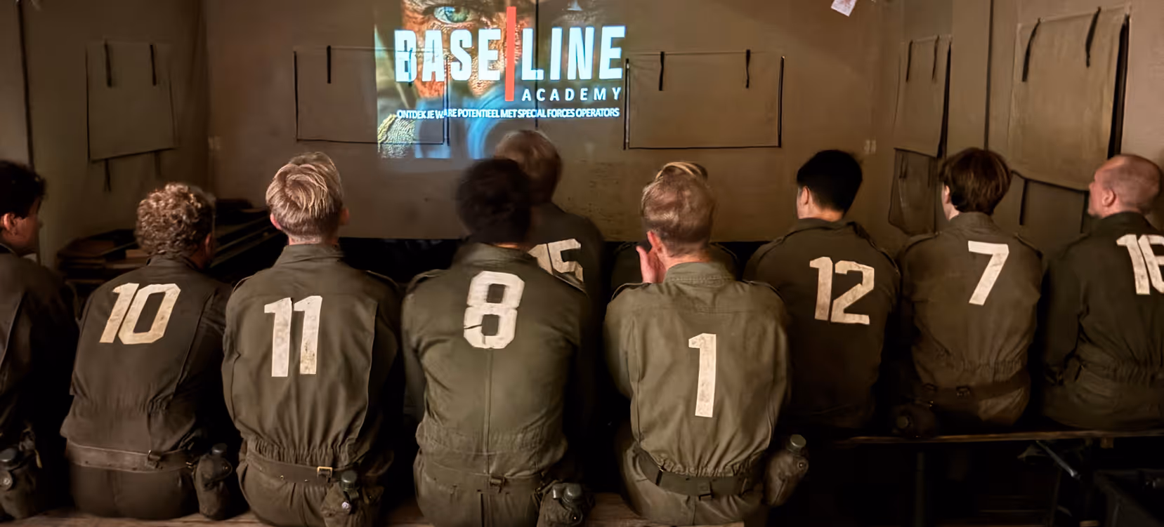 Groep mensen met uniformen en nummers op hun rug, zittend en kijkend naar een projectiescherm met Baseline Academy-logo.