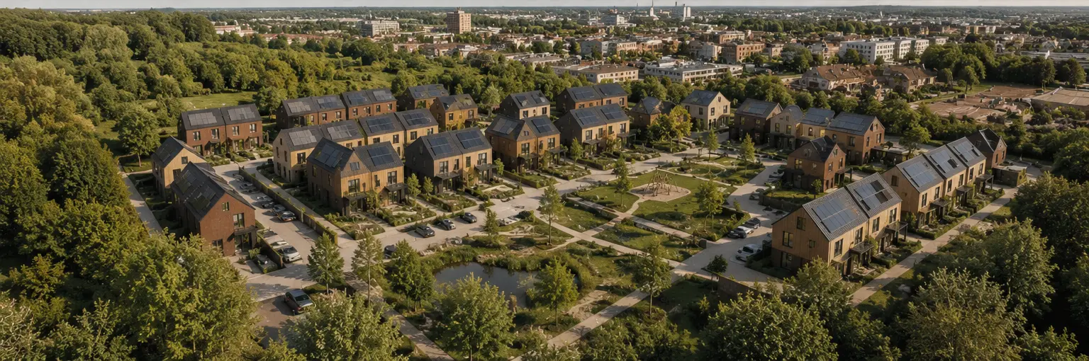 Luchtfoto van woonwijk met moderne huizen, zonnepanelen, groene parken en paden in de buurt.