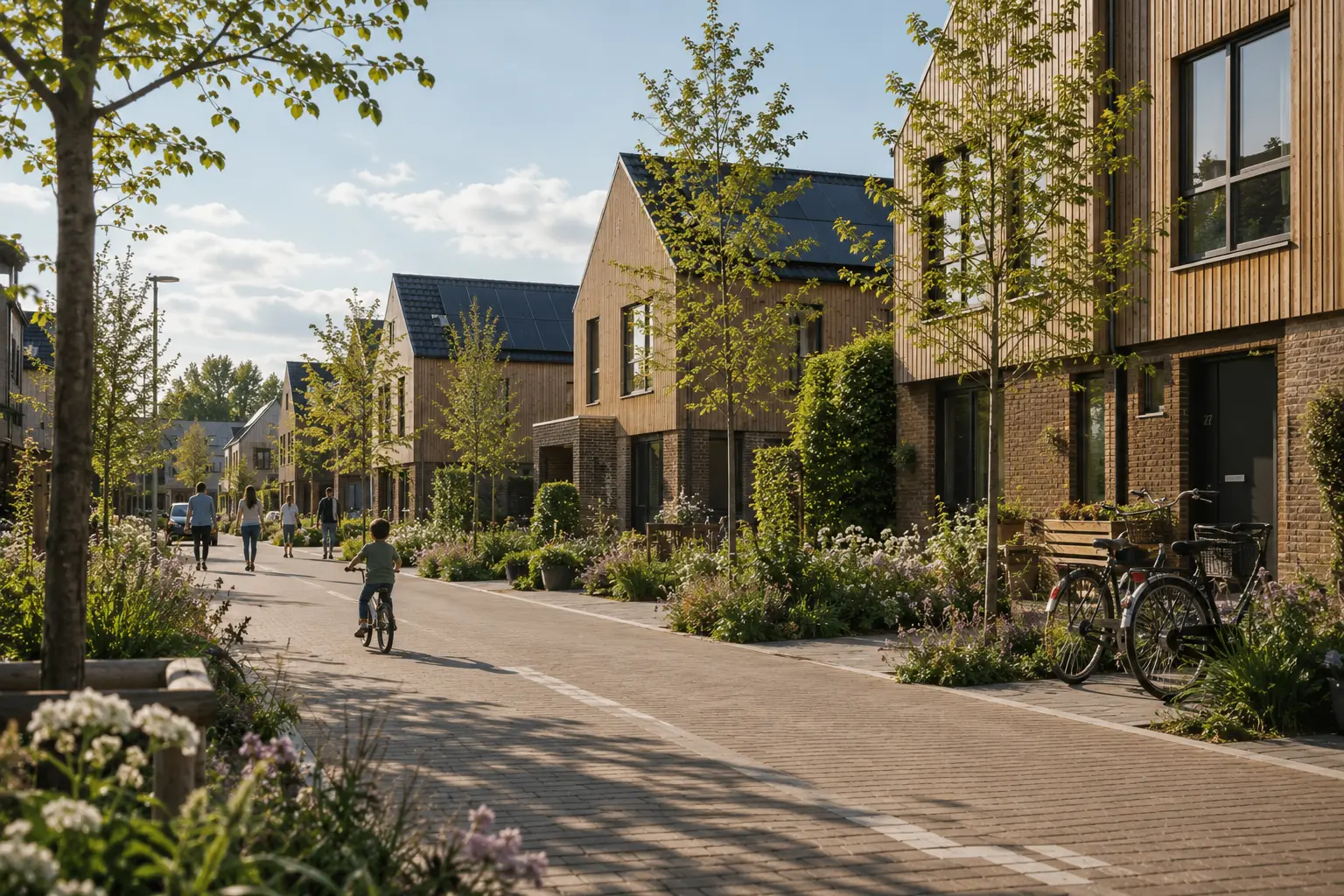 Woonstraat met moderne houten huizen, bomen, fietser en wandelaars op een zonnige dag.