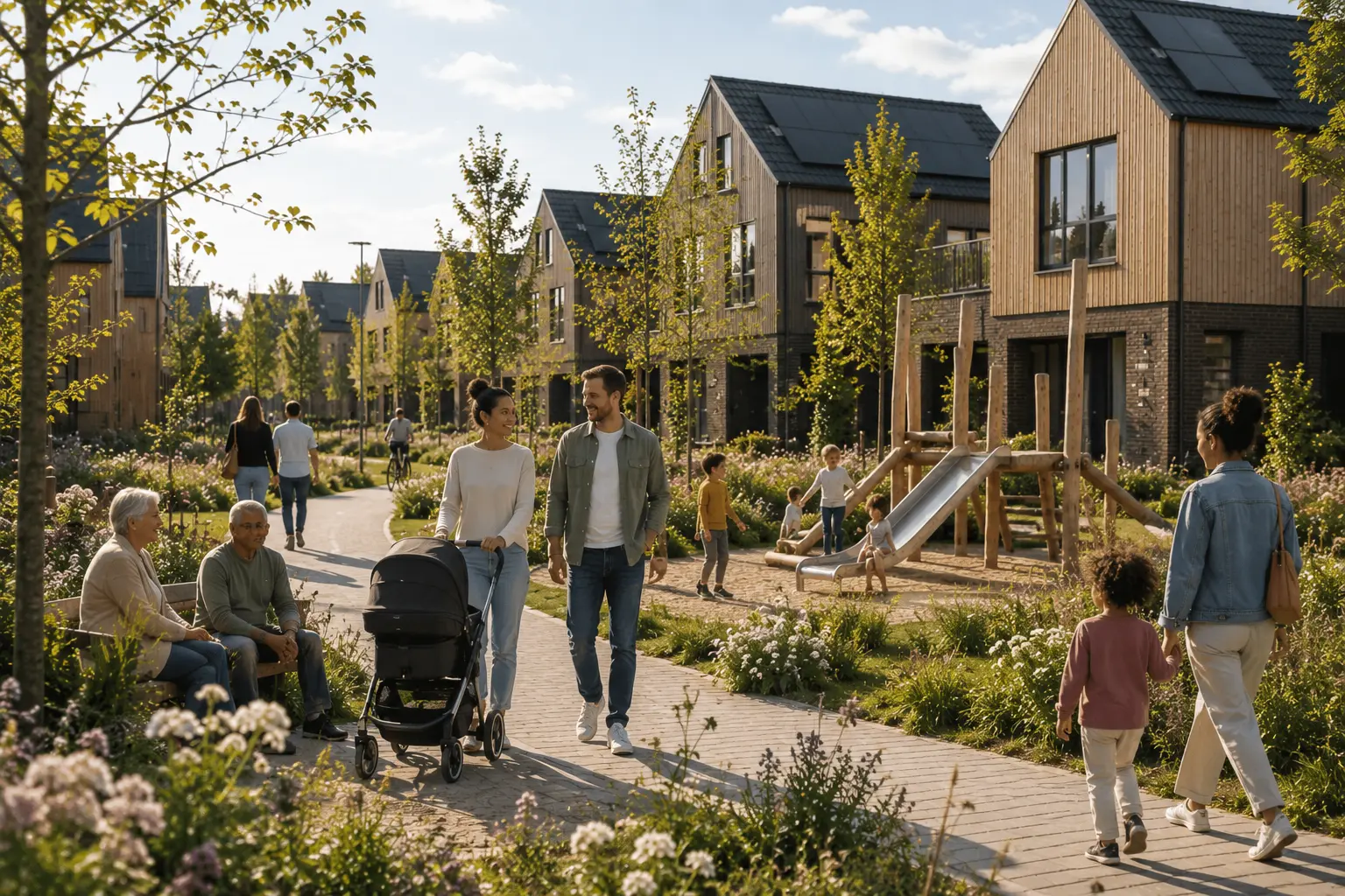 Mensen wandelen en kinderen spelen bij moderne huizen met tuin en speeltuin in woonwijk op zonnige dag.