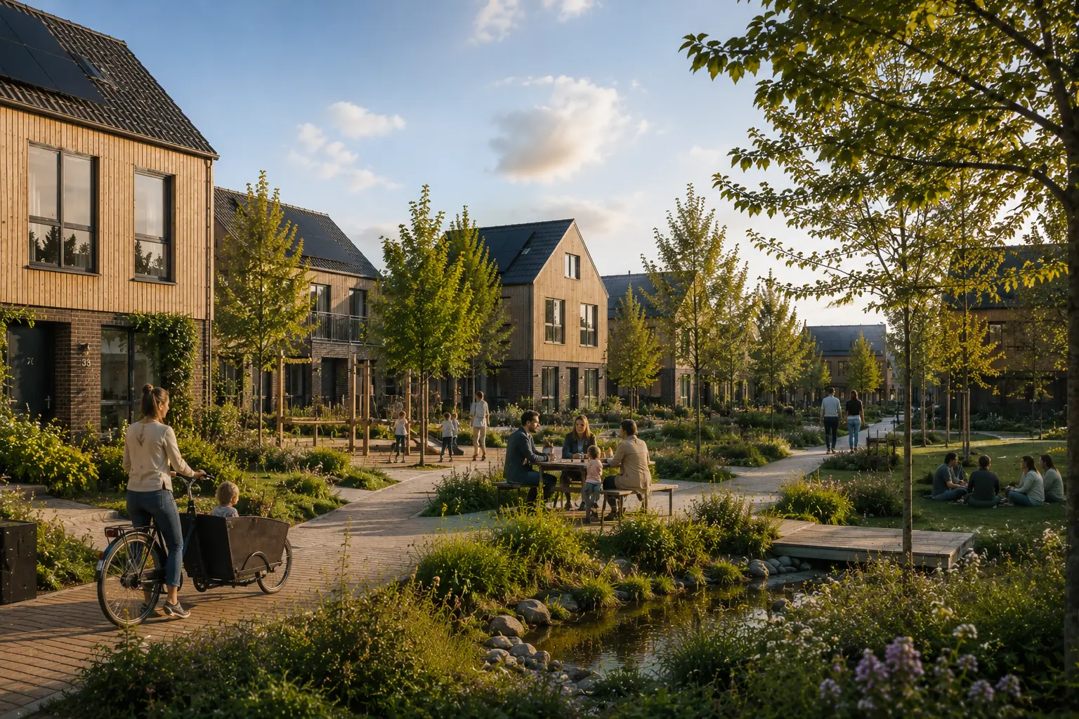 Rustige buurt met moderne huizen, bomen, een vijver en mensen die wandelen en zitten in het park.