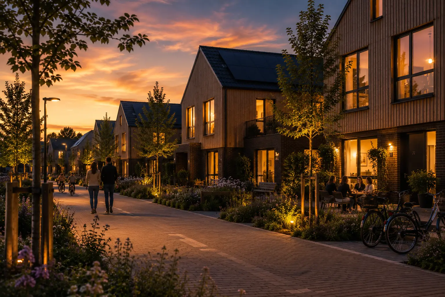 Straat met houten huizen, verlichte ramen en tuinverlichting bij zonsondergang, mensen wandelen en zitten buiten.