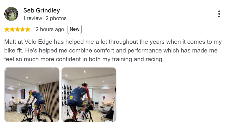 Seb Grindley five star review of bike fitting support at Velo Edge