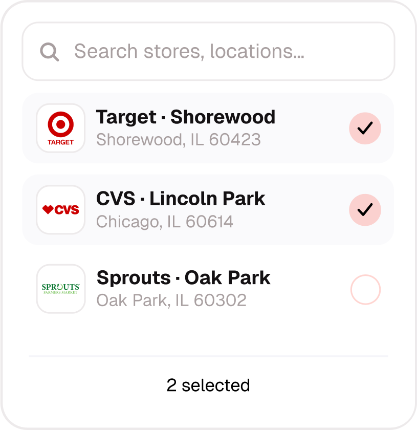 Store selection list with Target Shorewood, CVS Lincoln Park selected; Sprouts Oak Park not selected.