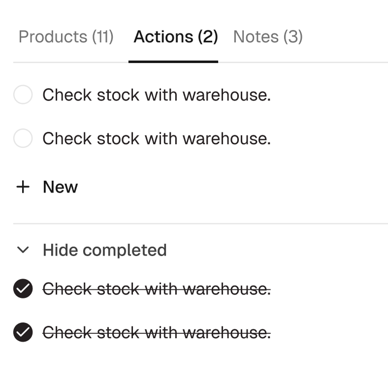 Task list interface showing two unchecked and two completed 'Check stock with warehouse' items under Actions tab.