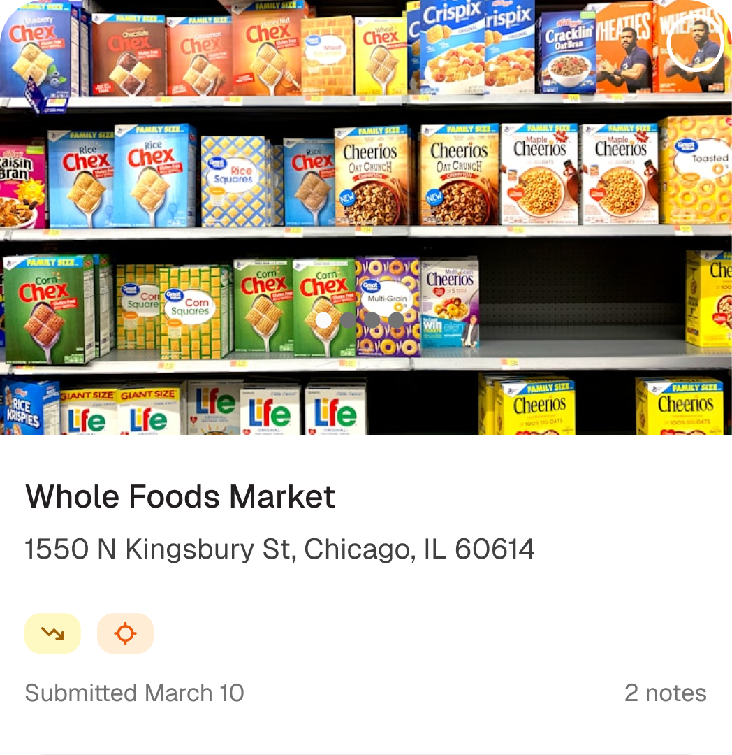 Shelf audit card showing cereal products at Whole Foods Market with low stock and issue indicators.