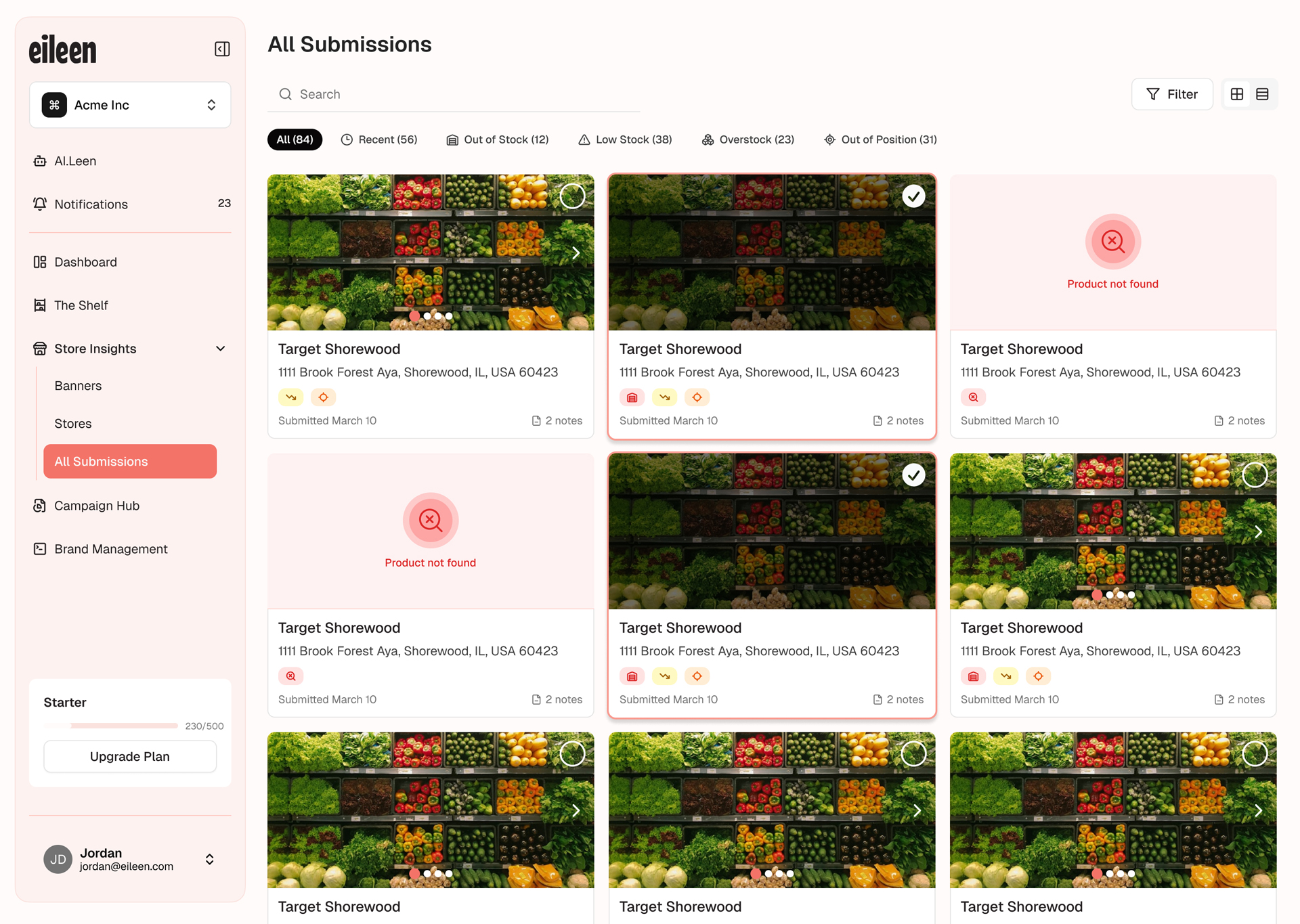 Eileen app interface showing grocery store submission cards with locations and product images.
