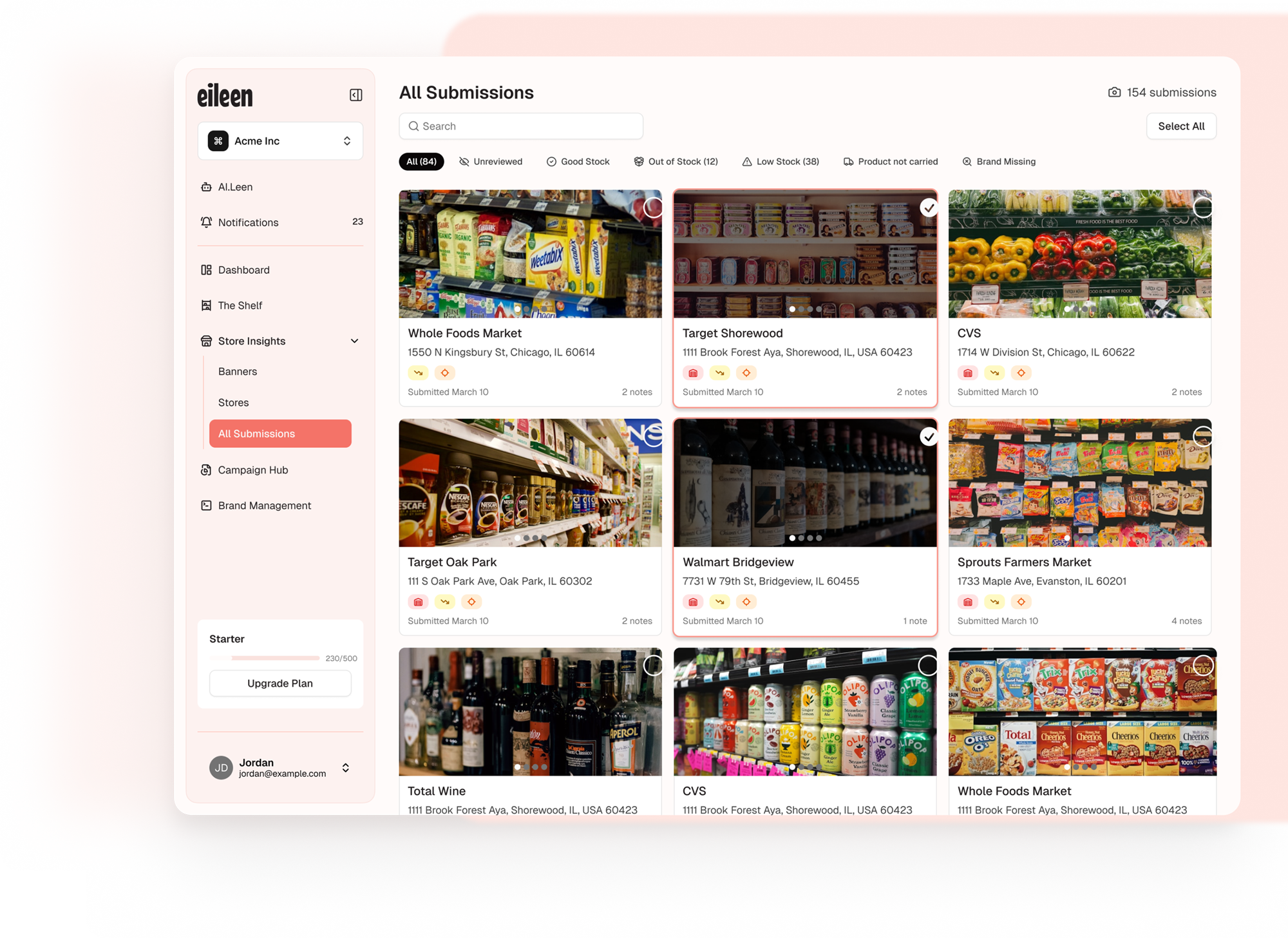 Eileen dashboard showing retail shelf audit submissions with store photos and issue tags.