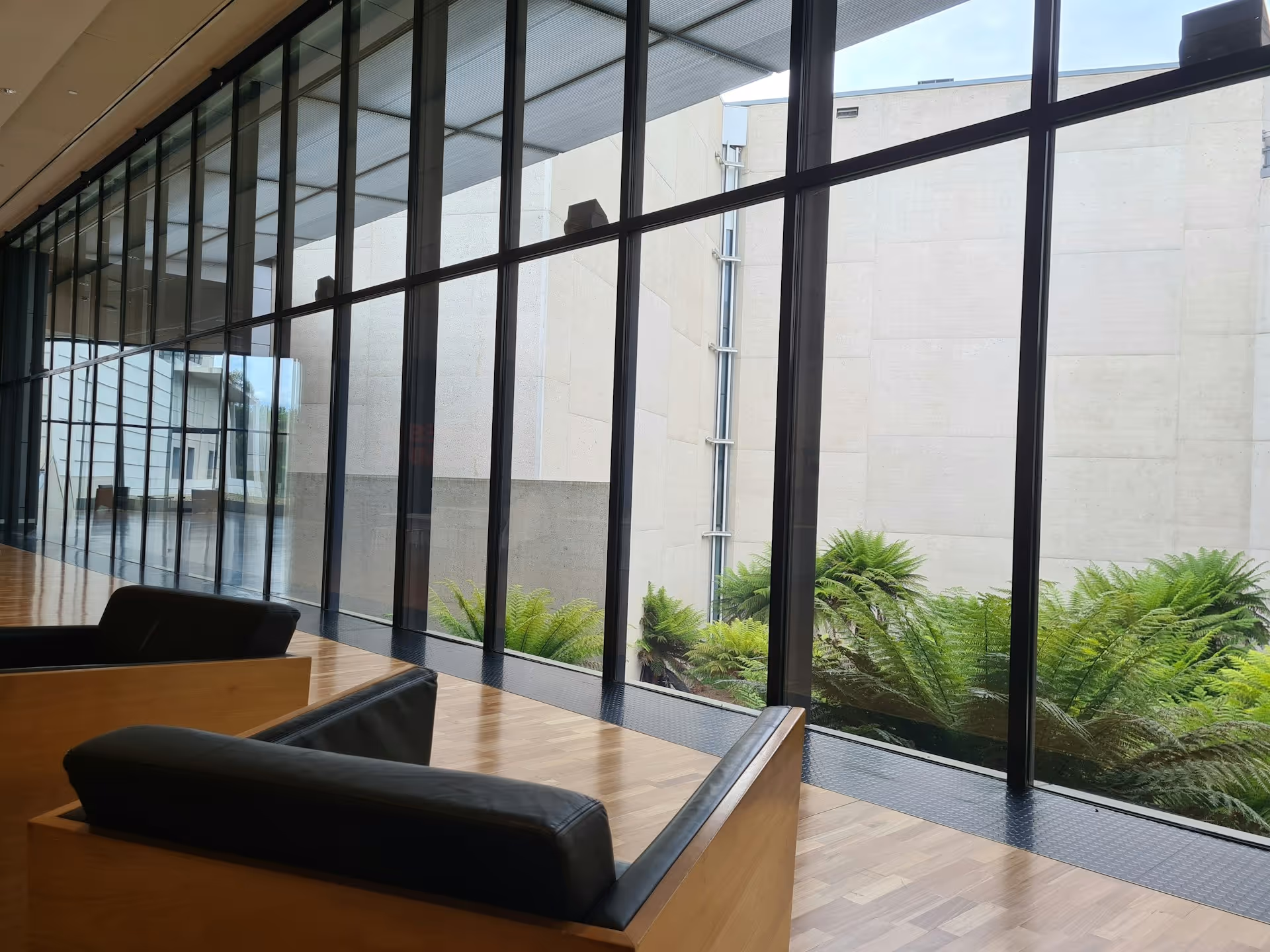 Modern interior with wooden floor, black leather chairs, large windows, and green plants outside.