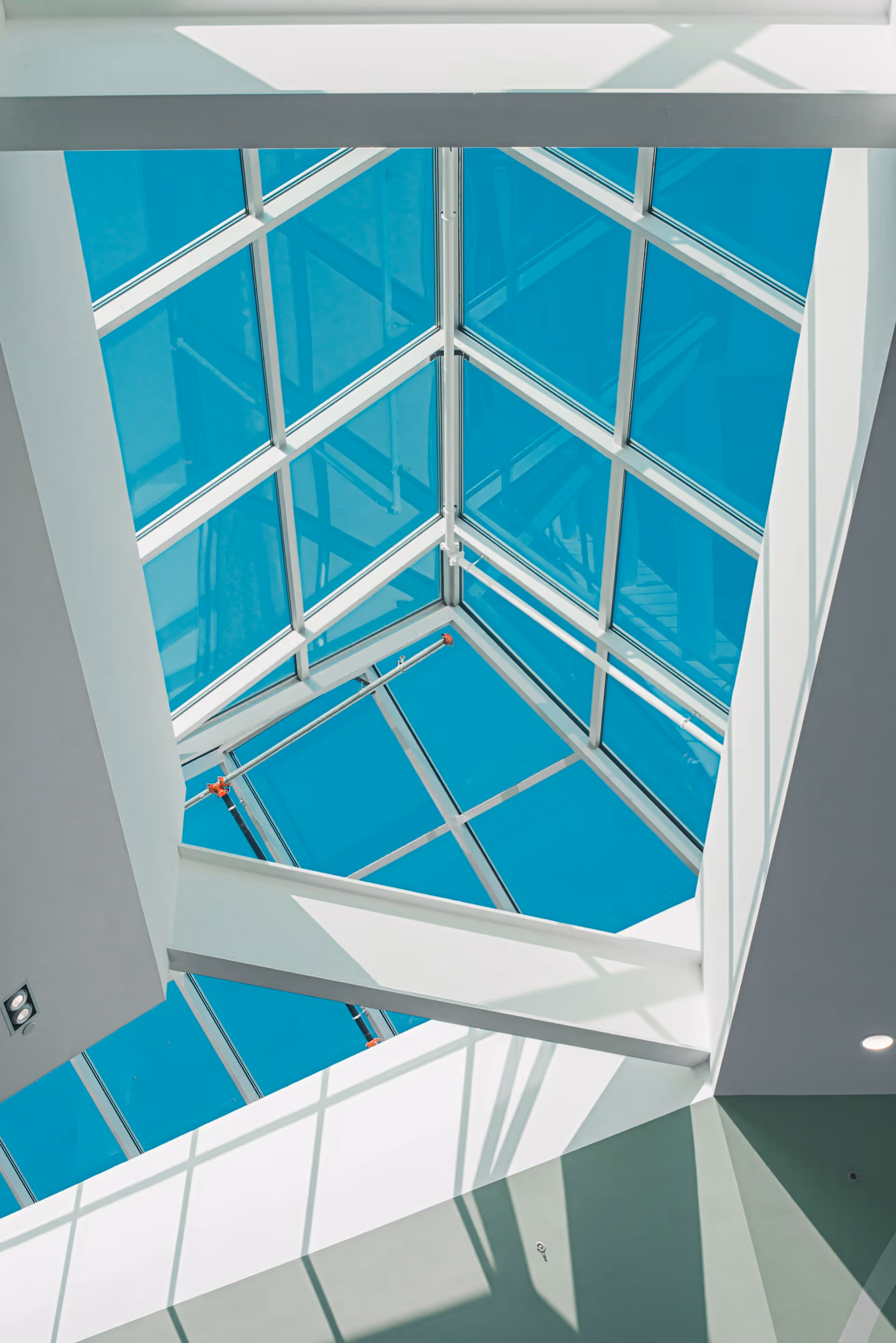 Modern glass ceiling with white structural beams and bright sunlight casting shadows inside.
