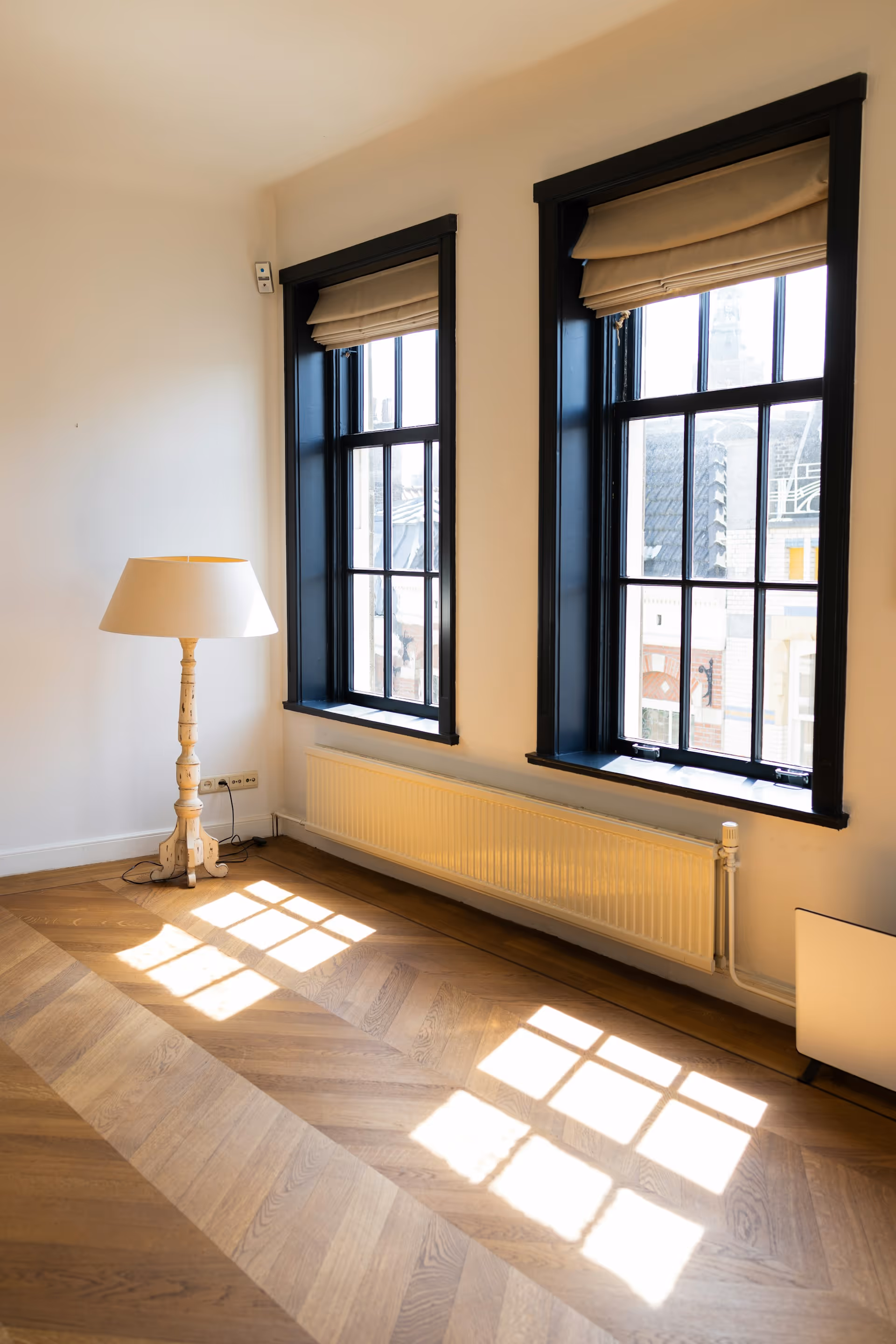 Sunlight through two black-framed windows casting grid shadows on wooden floor next to a standing lamp.