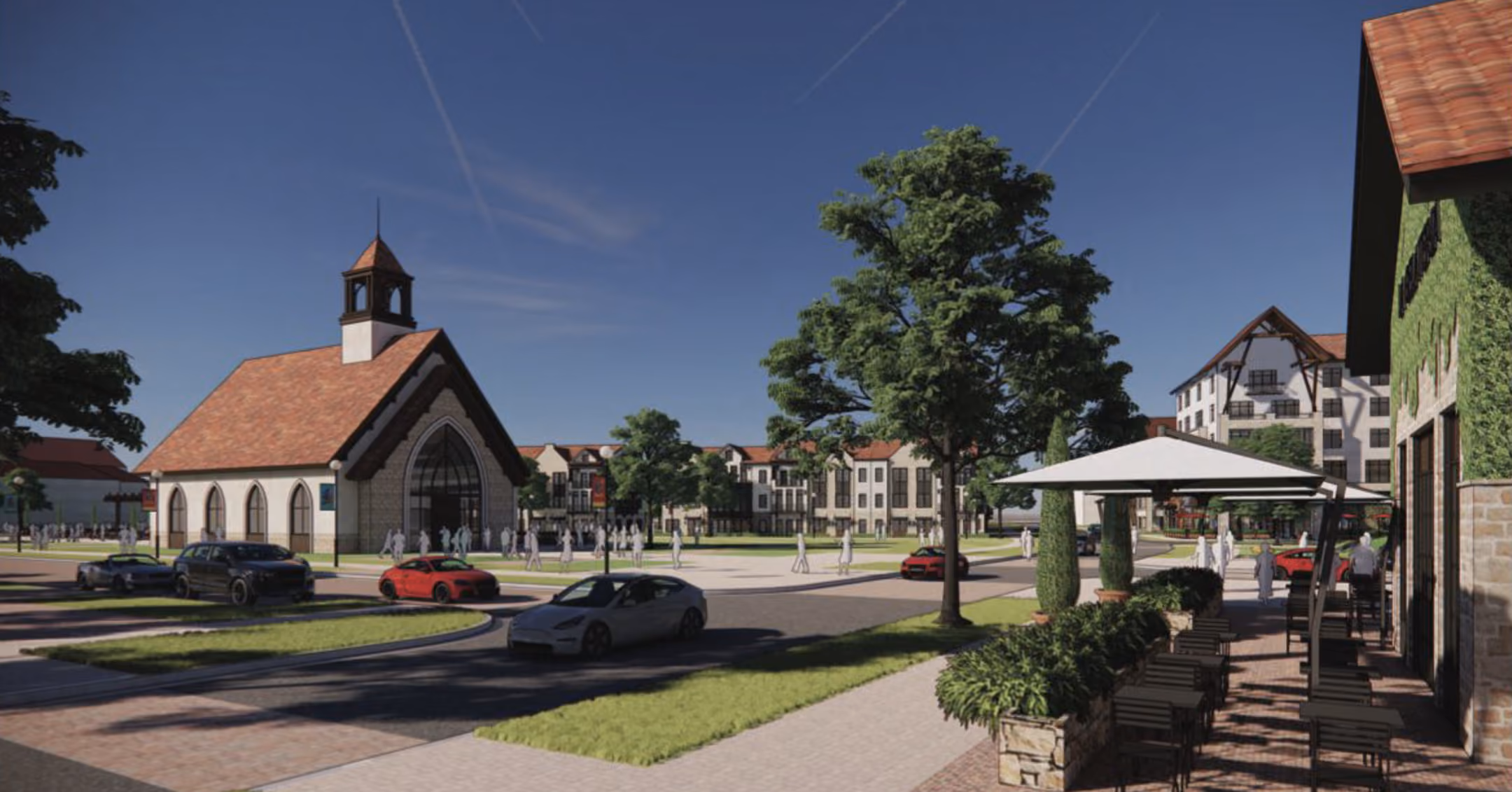 Modern town square with cars, people, a chapel, trees, outdoor seating, and multi-story buildings under blue sky.