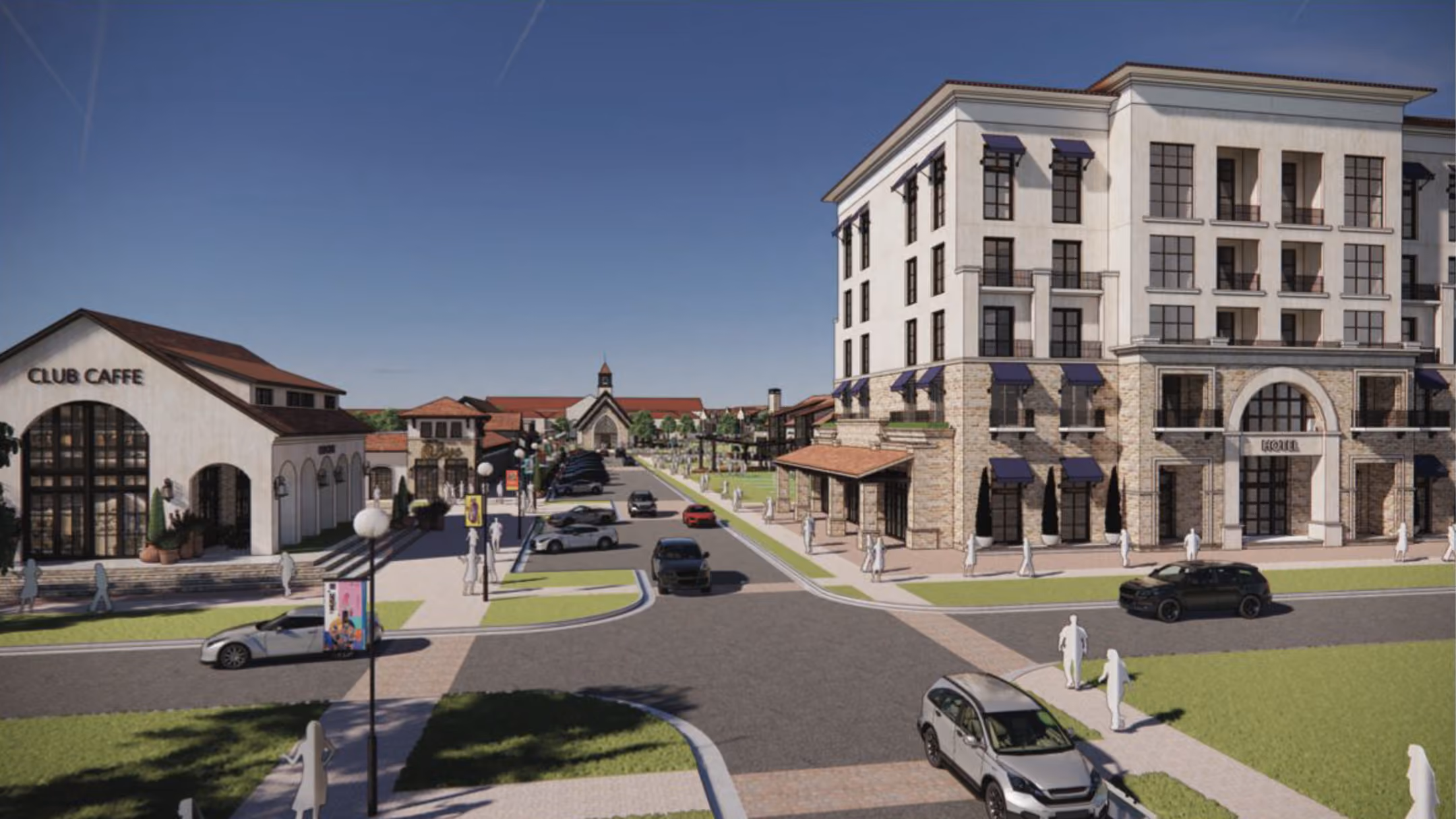 Street view of a town square with a hotel, Club Caffe, parked cars, and pedestrians under a clear sky.