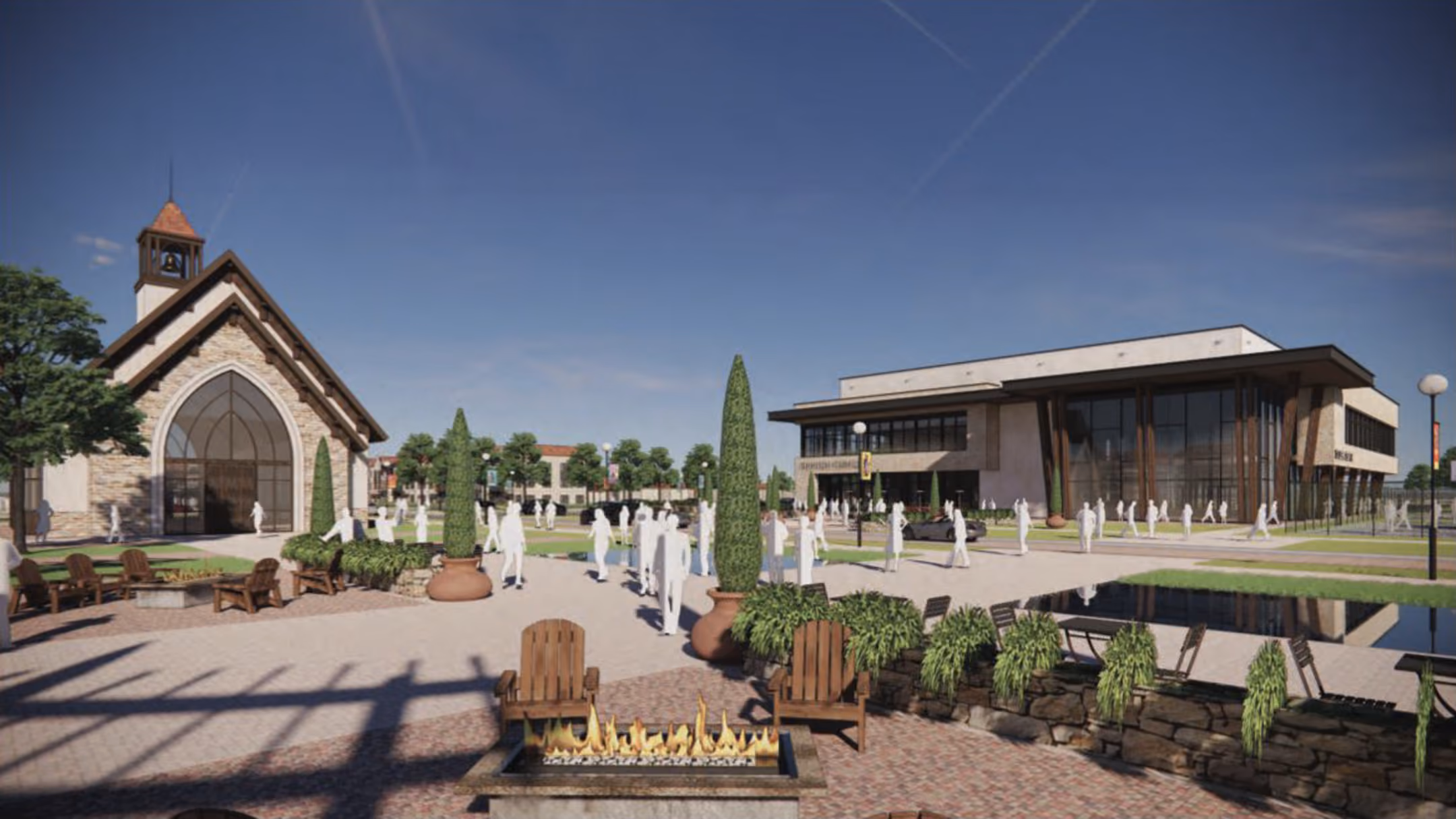 Outdoor plaza with fire pit, wooden chairs, tall planters, a chapel, and a modern building under a clear sky.
