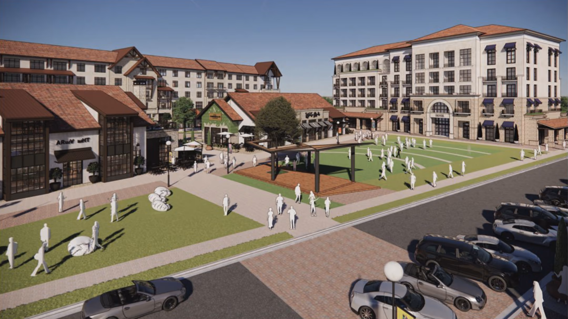 Rendering of a plaza with shops, hotel, green lawns, walking paths, and parked cars under clear sky.
