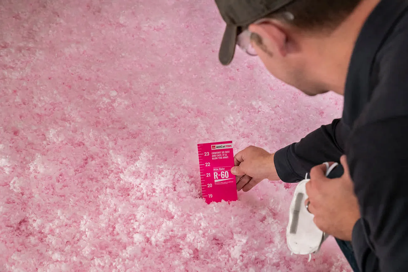 Man measuring thickness of pink attic insulation with an R-60 attic ruler.