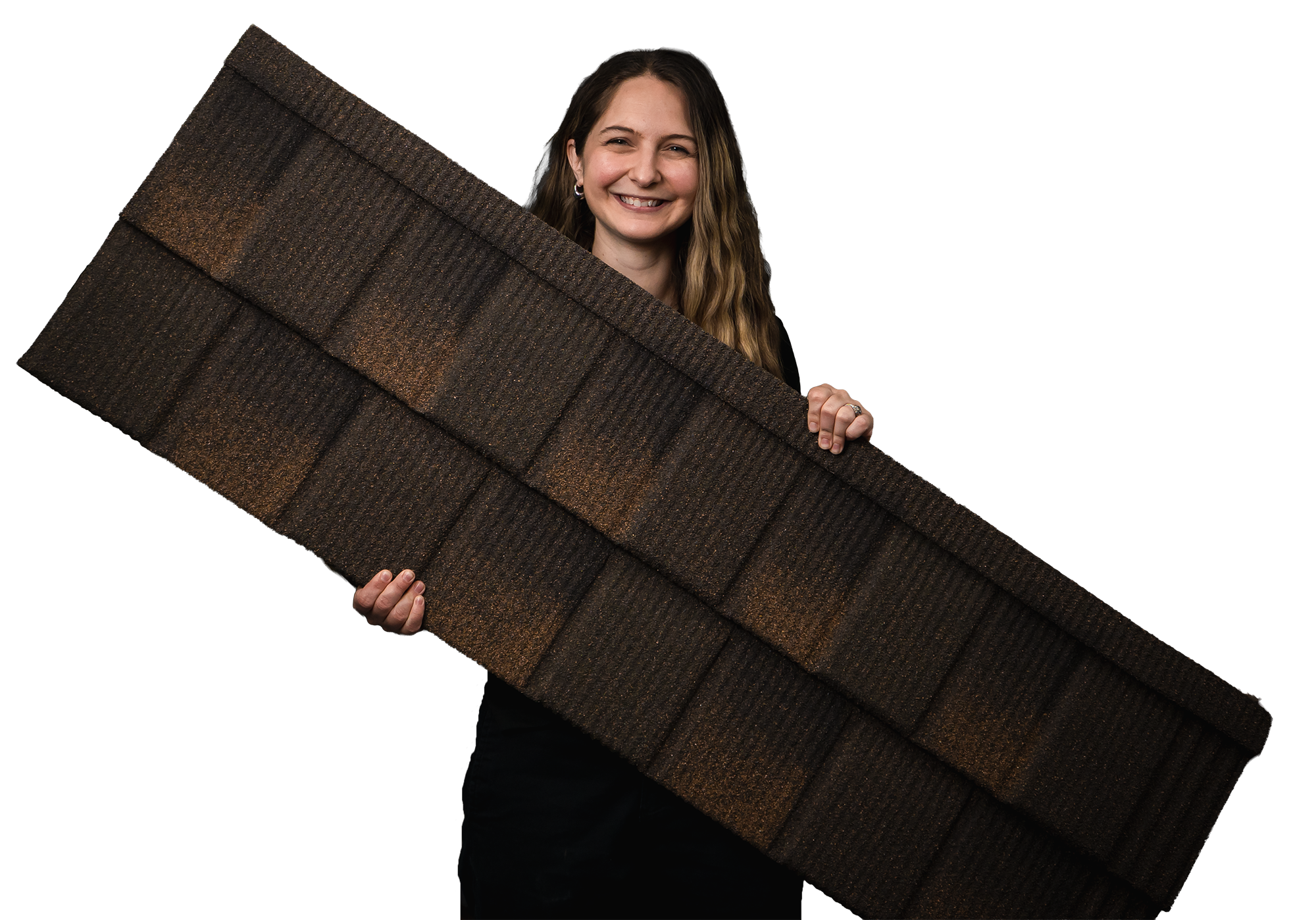 Great Lakes Home Remodeling team member holding a Tilcor stone-coated metal roofing panel