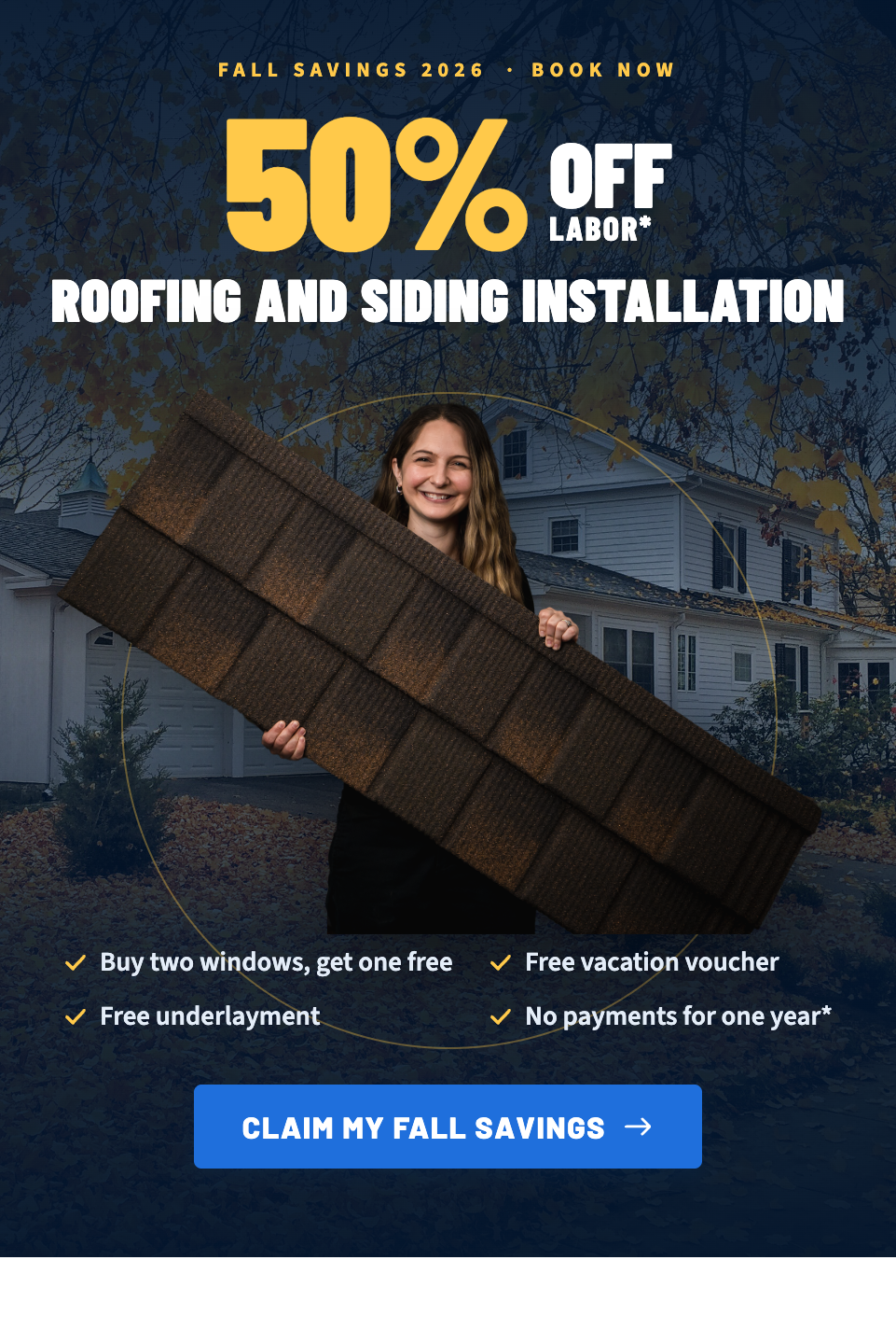 Great Lakes Home Remodeling fall savings offer: 50% off roofing and siding labor, plus a free vacation voucher