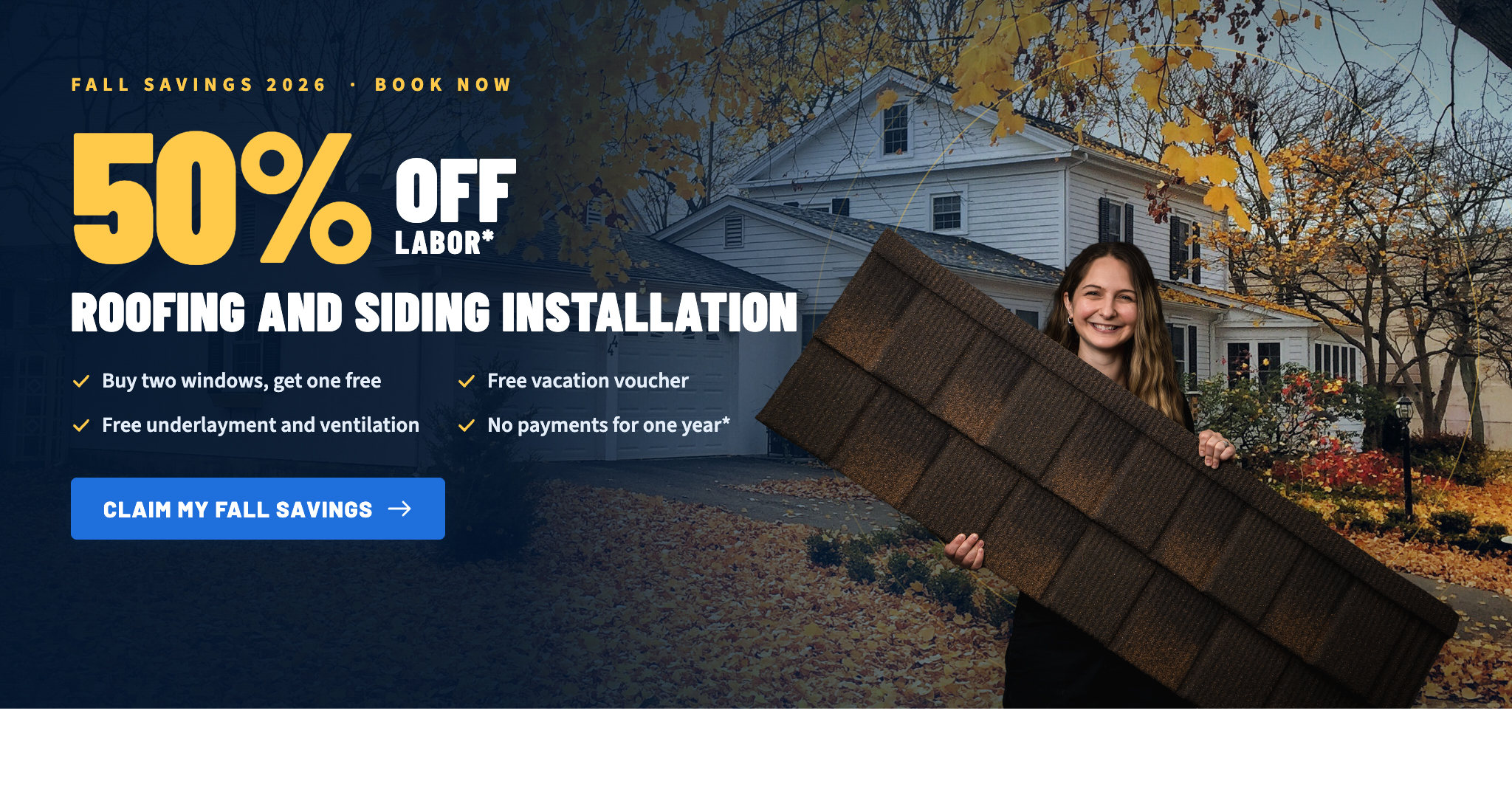 Great Lakes Home Remodeling fall savings offer: 50% off roofing and siding labor, plus a free vacation voucher