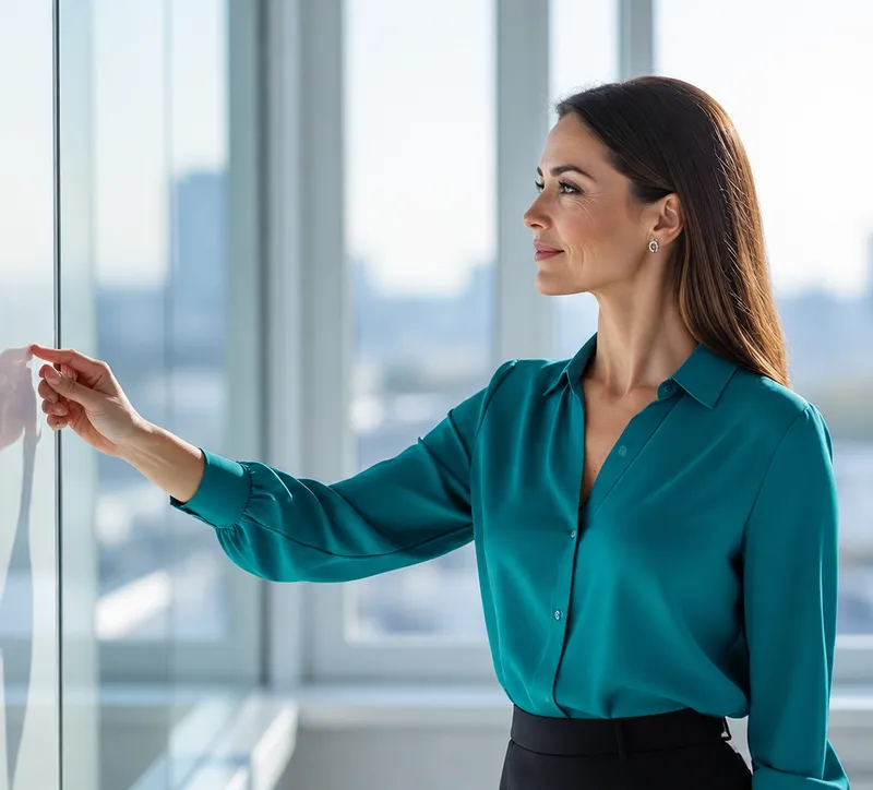 Professional reviewing information on a glass screen in an office