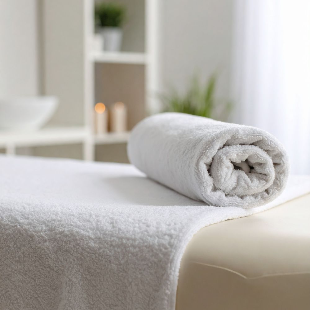 Rolled white towel on a massage table in a calm and softly lit spa room.