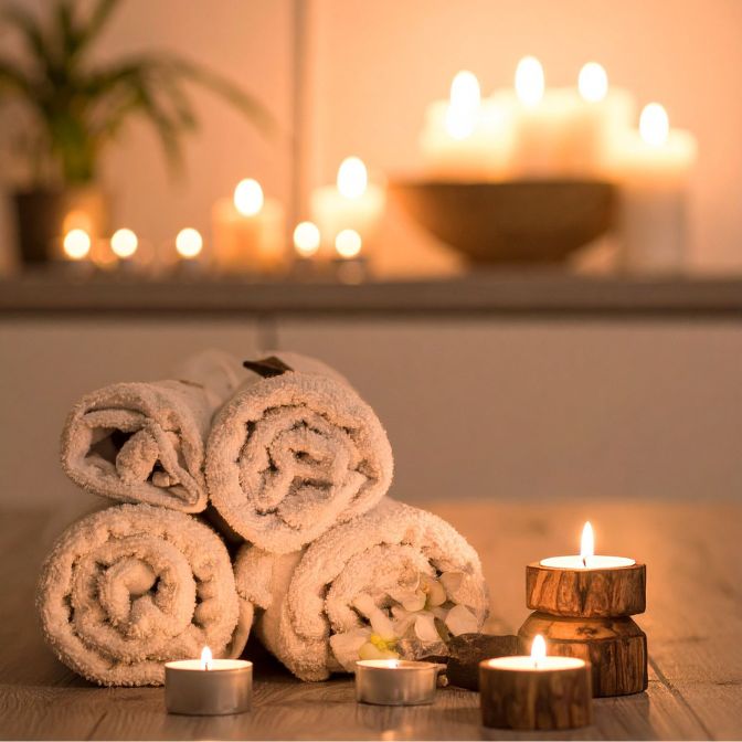 Rolled towels stacked with lit candles creating a warm, relaxing spa ambiance on a wooden surface.