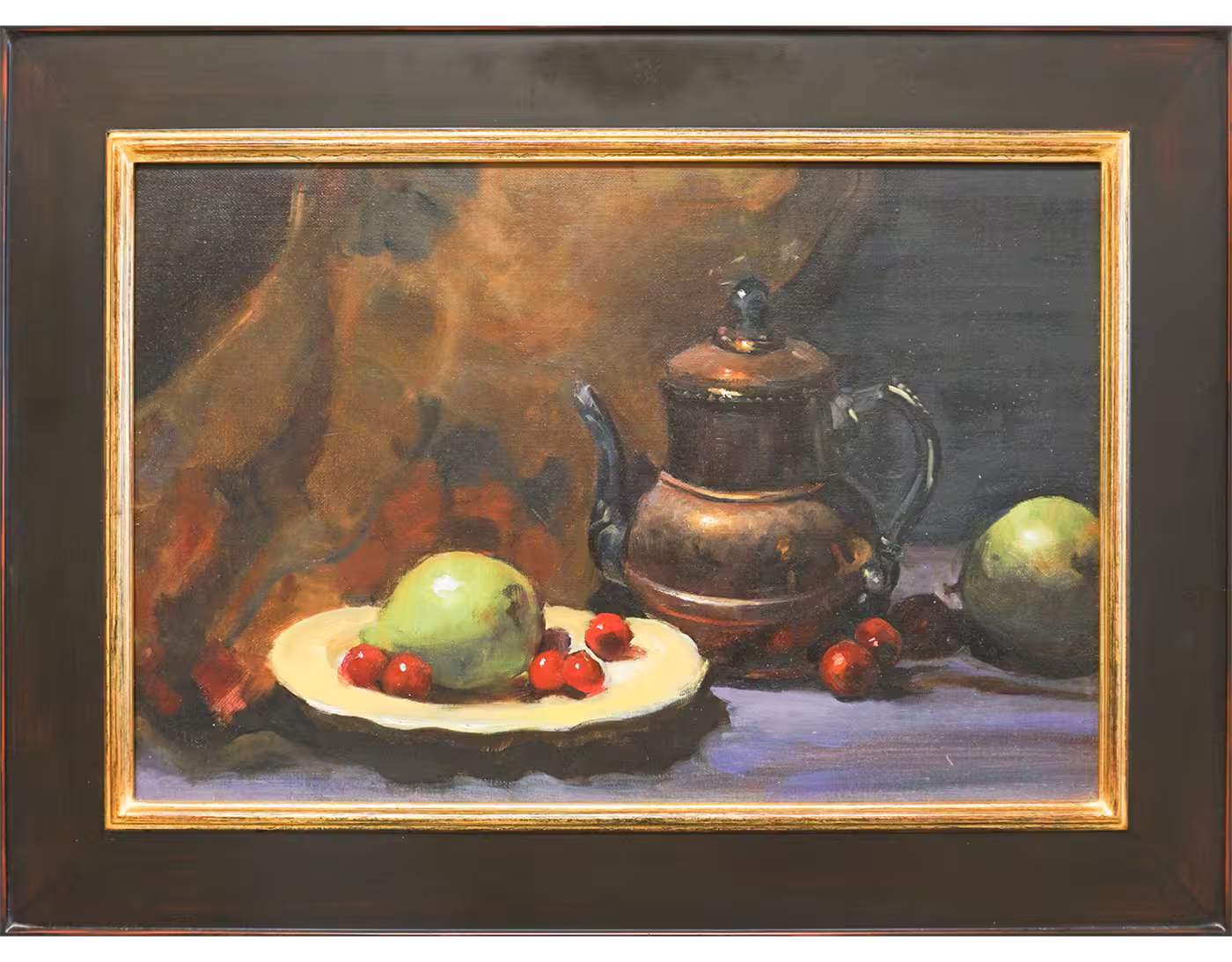 A still life painting featuring a teapot, apples, and cherries on a plate.