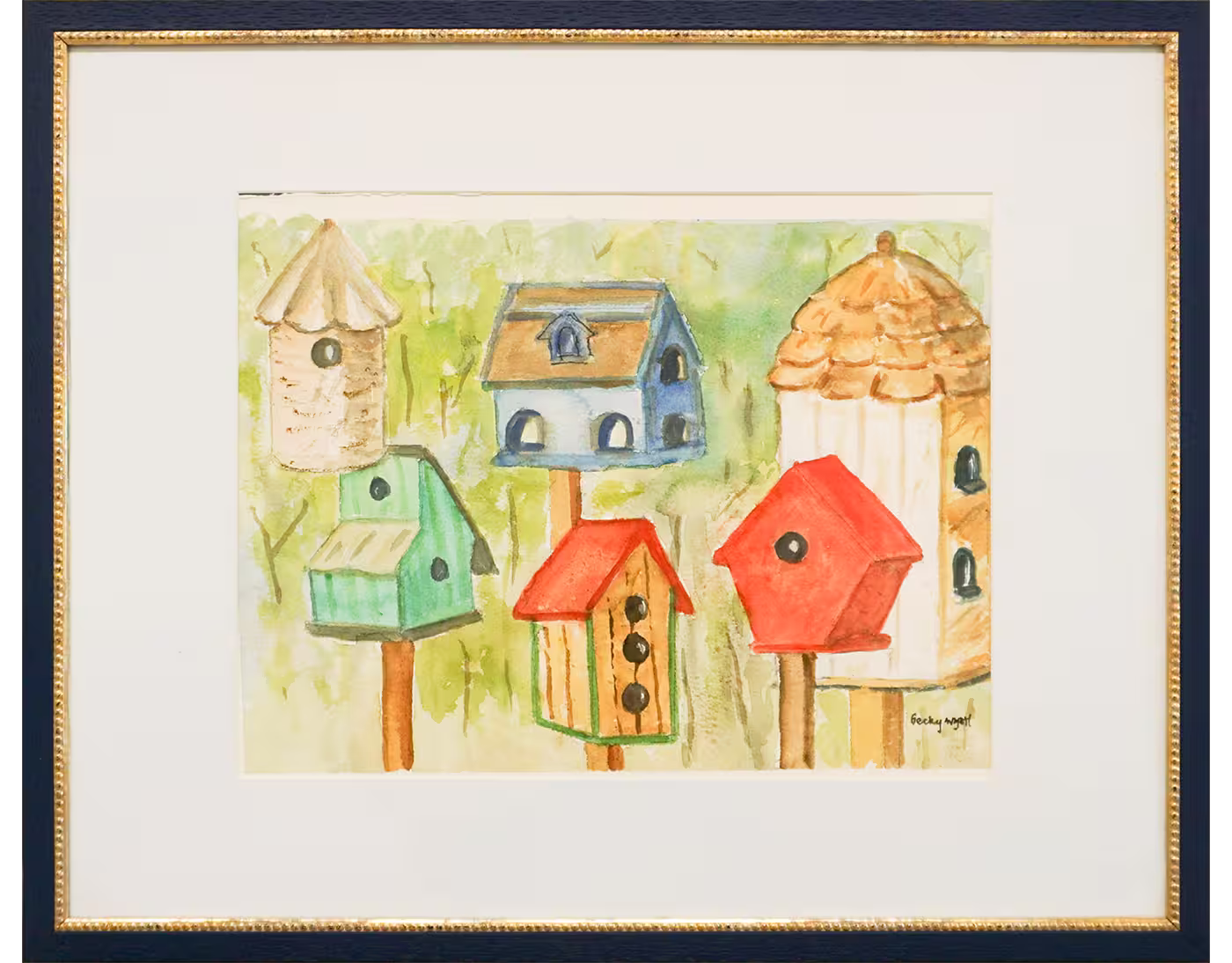 Painting of colorful birdhouses on poles, various shapes and sizes, against a green background.