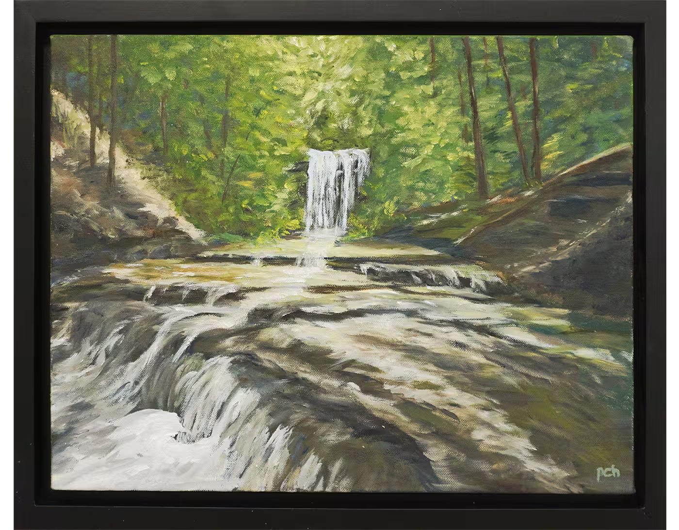 Painting of a waterfall flowing through a lush green forest, surrounded by rocks and trees.
