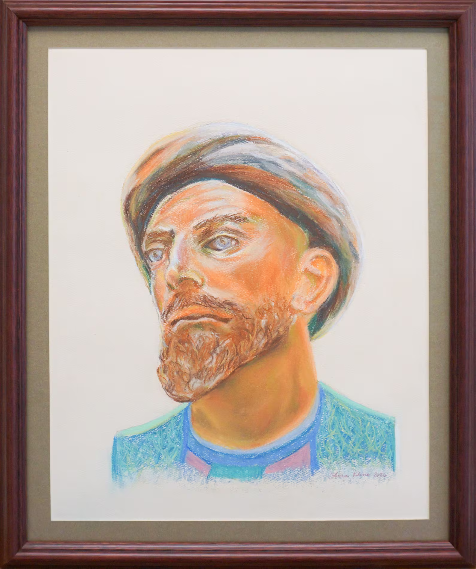 A portrait of a man wearing a turban and beard, painted in pastel colors, framed in wood.