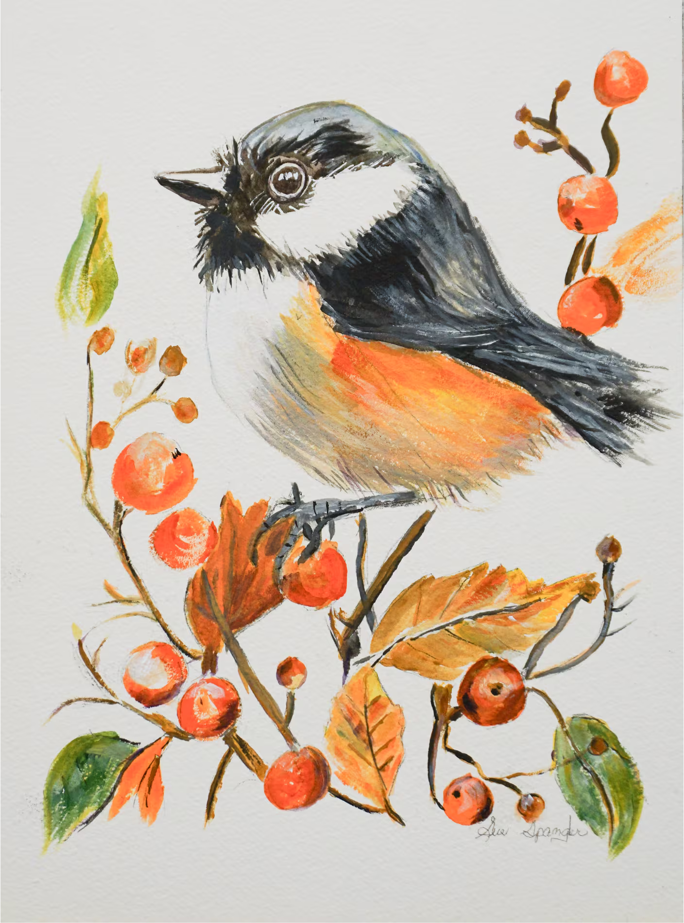 Illustration of a small bird surrounded by orange berries and autumn leaves on white background.