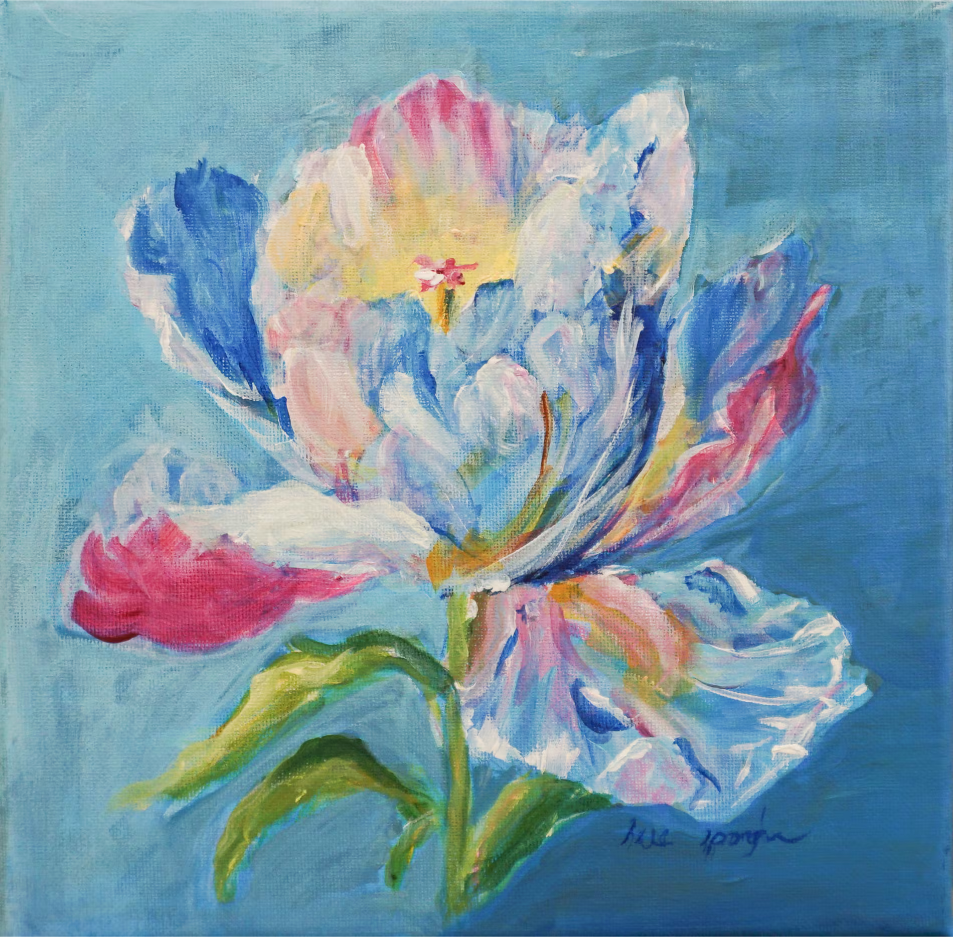 A colorful abstract painting of a flower with vibrant blue, pink, and yellow petals against a blue background.